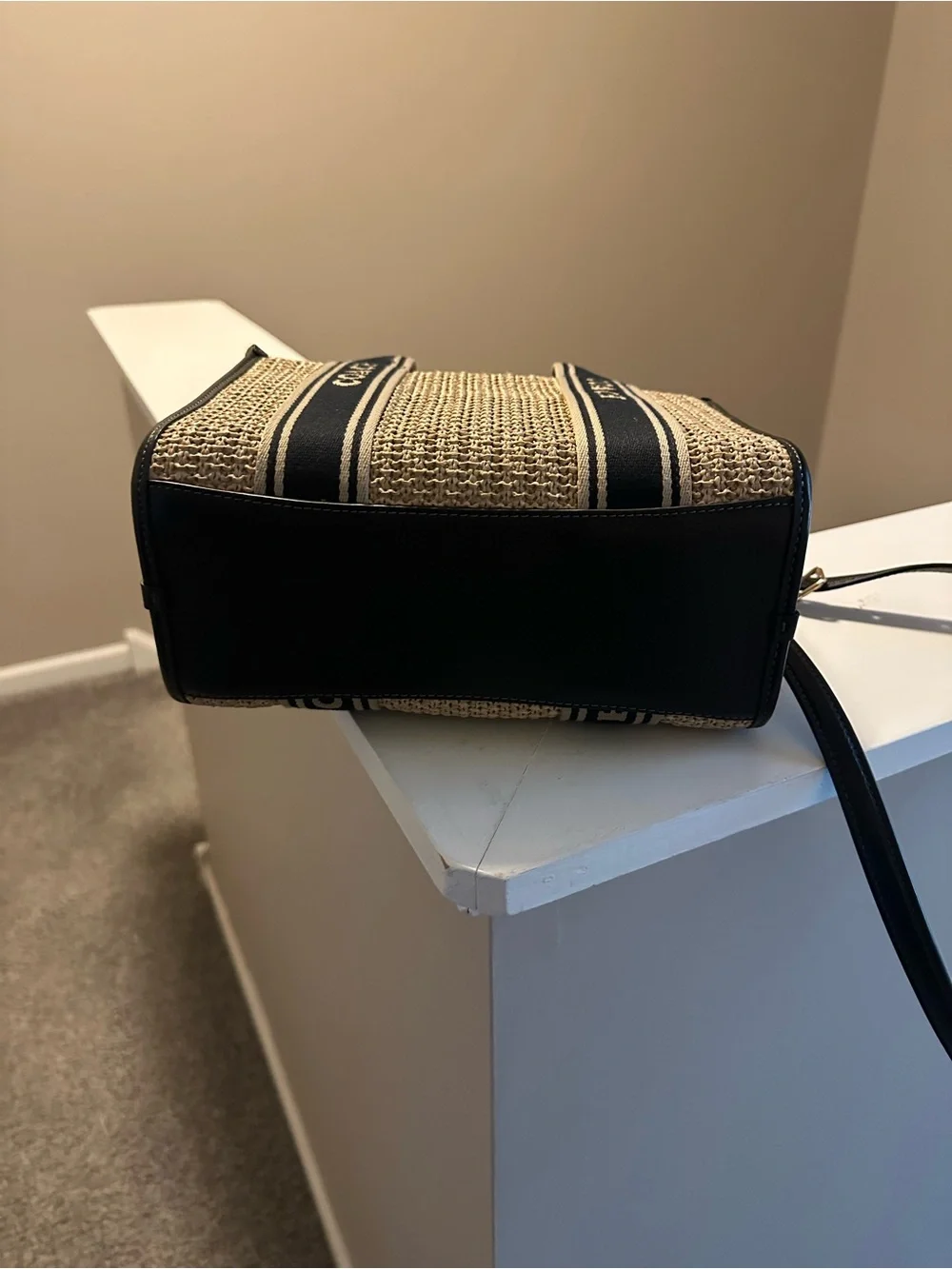 COACH Natural Straw Tote with Black Trim and Logo Webbing